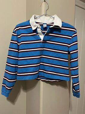 Old Navy Blue, White & Maroon Striped Long-Sleeve Polo
